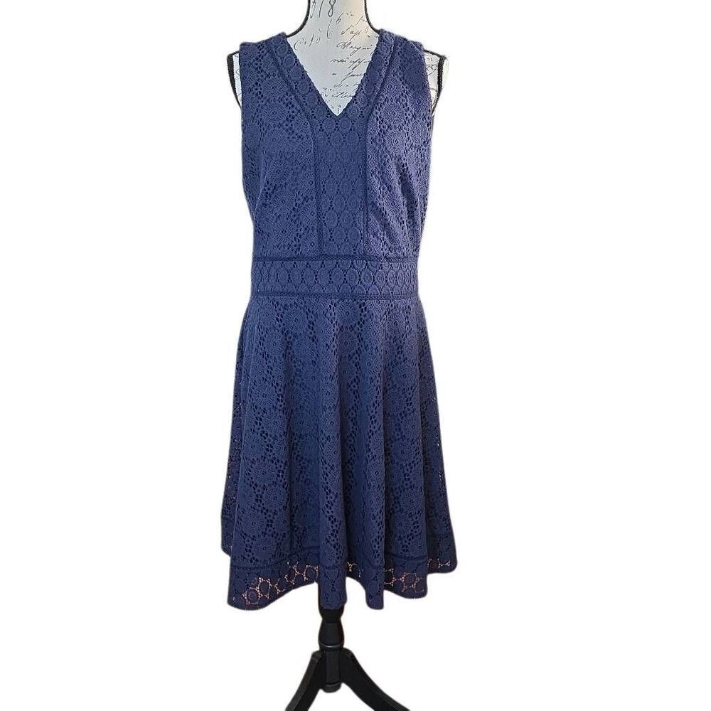 Charter Club Womens Sz Large Intrepid Blue Crochet Lace Sleeveless A-Line Dress